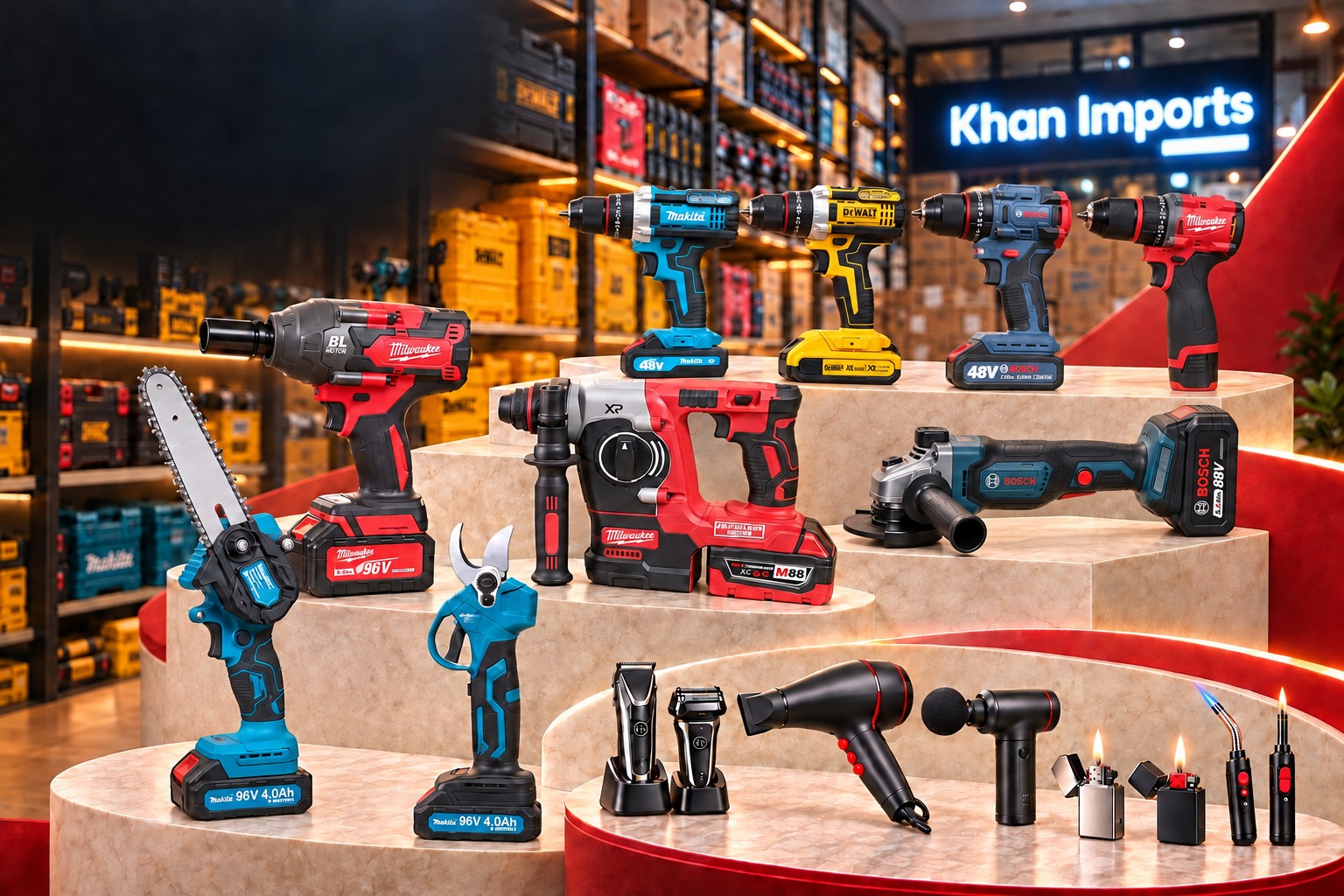 Cordless drills, chainsaws, an angle grinder, an impact wrench, lighters, shavers, a hair dryer and a massager with the Khan Imports shop in the background